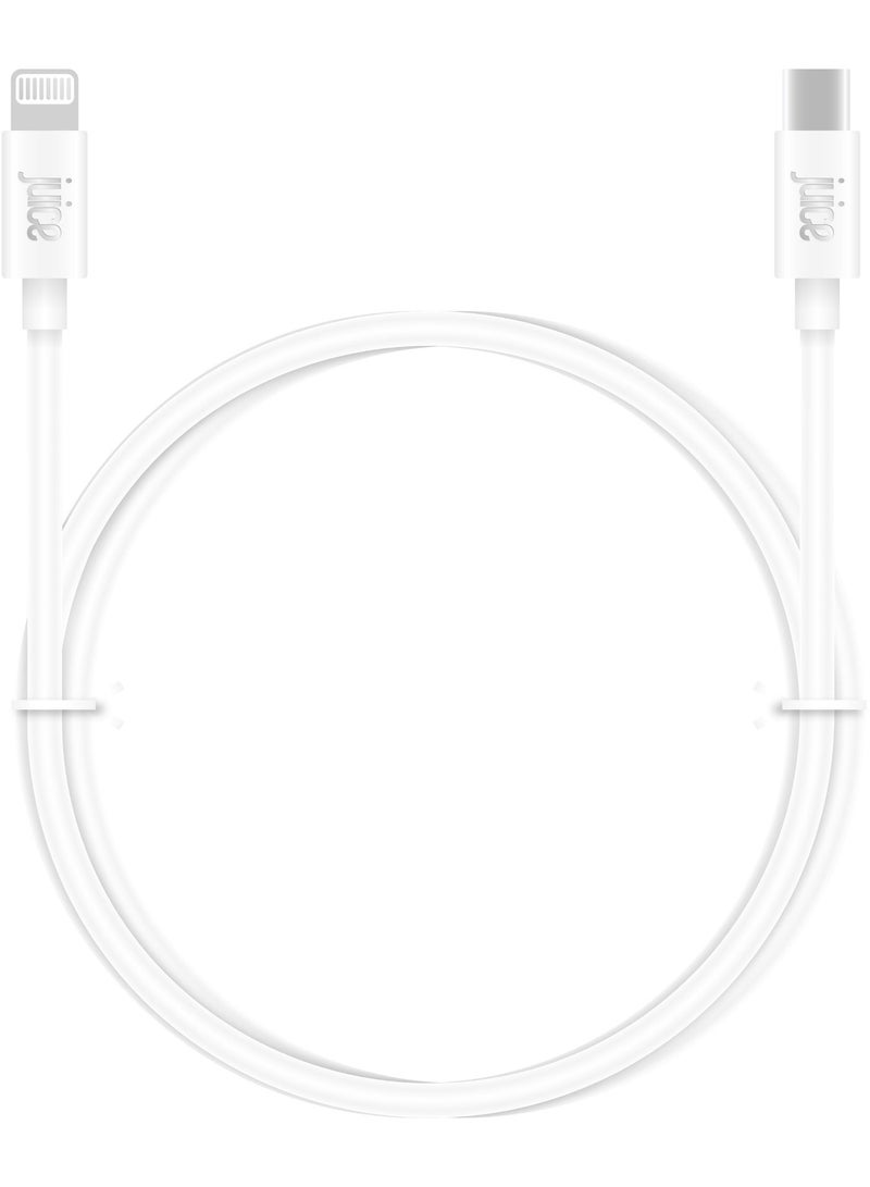 جوس كابل JUICE USB-C إلى Apple Lightning، مصنوع من مادة TPE معاد تدويرها بنسبة 100% ومعزّز للمتانة، يدعم الشحن ونقل البيانات، معتمد من MFI للشحن السريع، متوافق مع أحدث الطرازات: iPhone 17 و16 و15 و14 و13 و12 و11 Pro Max وXR وXS وX و8 وSE، بالإضافة إلى iPad، بطول 2 متر، باللون الأبيض. - Image 2